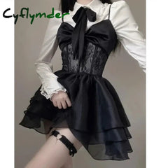 Cyflymder DRESS TO IMPRESS Black Lace Lolita Mini Dress Set White Bow Shirt Y2k Aesthetic Gothic Clothes Korean Fashion