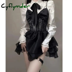 Cyflymder DRESS TO IMPRESS Black Lace Lolita Mini Dress Set White Bow Shirt Y2k Aesthetic Gothic Clothes Korean Fashion