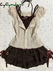 Cyflymder Dress To Impress Bow Japanese Kawaii 2 Piece Set Women Sweet Party Y2K Retro Ruched