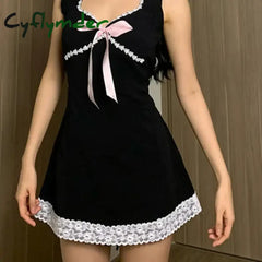 Cyflymder DRESS TO IMPRESS Coquette Floral Lace Patchwork A-line Mini Dress Princess Square Collar Bow Decorate