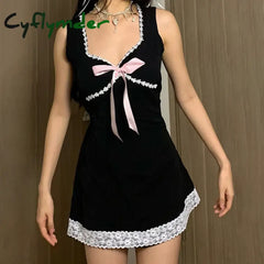 Cyflymder DRESS TO IMPRESS Coquette Floral Lace Patchwork A-line Mini Dress Princess Square Collar Bow Decorate