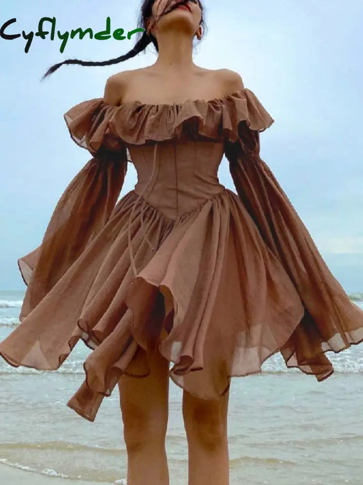 Cyflymder Elegant Chiffon Corset Dress Brown Flare Long Sleeve Mini Dresses Vacation Short Party Dress Ruffles Slash