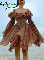 Cyflymder Elegant Chiffon Corset Dress Brown Flare Long Sleeve Mini Dresses Vacation Short Party Dress Ruffles Slash