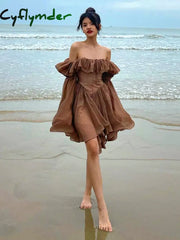 Cyflymder Elegant Chiffon Corset Dress Brown Flare Long Sleeve Mini Dresses Vacation Short Party Dress Ruffles Slash