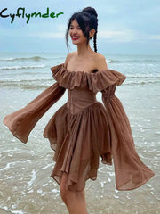 Cyflymder Elegant Chiffon Corset Dress Brown Flare Long Sleeve Mini Dresses Vacation Short Party Dress Ruffles Slash