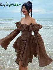 Cyflymder Elegant Chiffon Corset Dress Brown Flare Long Sleeve Mini Dresses Vacation Short Party Dress Ruffles Slash