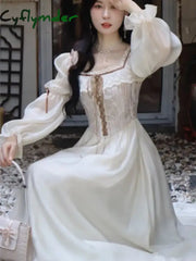 Cyflymder DRESS TO IMPRESS Elegant Fairy Princess Party Dress for Women Autumn Fashion Slim Wasit Lace Up A Line Midi