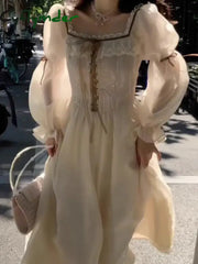 Cyflymder DRESS TO IMPRESS Elegant Fairy Princess Party Dress for Women Autumn Fashion Slim Wasit Lace Up A Line Midi