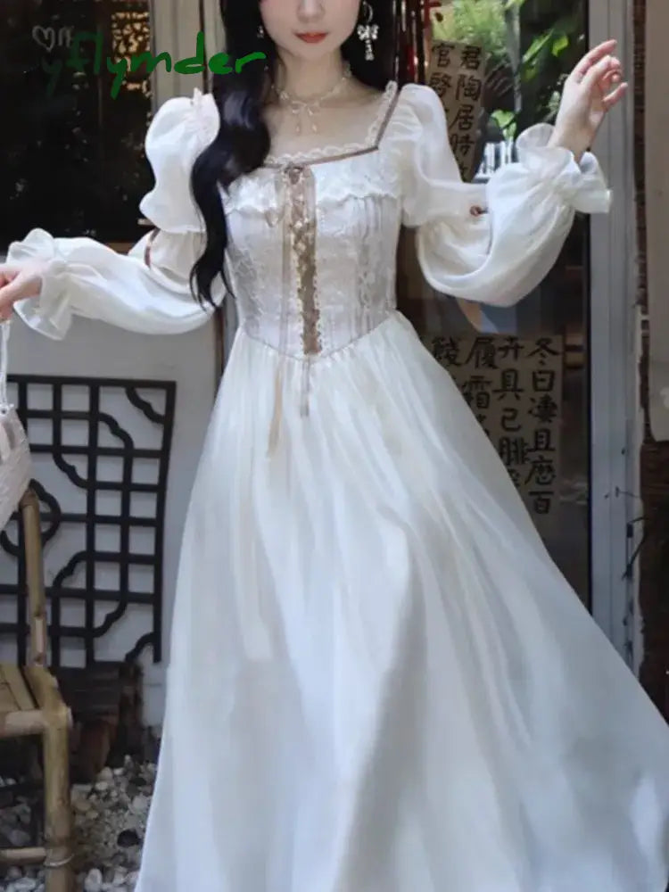 Cyflymder DRESS TO IMPRESS Elegant Fairy Princess Party Dress for Women Autumn Fashion Slim Wasit Lace Up A Line Midi