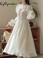 Cyflymder DRESS TO IMPRESS Elegant Fairy Princess Party Dress for Women Autumn Fashion Slim Wasit Lace Up A Line Midi