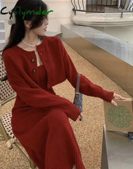 Cyflymder DRESS TO IMPRESS Elegant Red Knitting Dress Women Korean Fashion Office Lady Two Piece Dress Female Winter