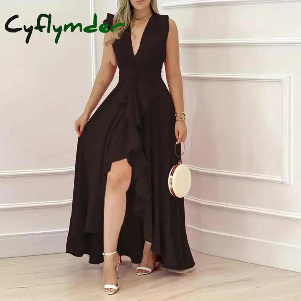 Cyflymder DRESS TO IMPRESS Elegant Sleeveless Pleated Dress 2025 Summer Casual New Fashion Evening Party Sexy V-neck
