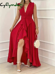 Cyflymder DRESS TO IMPRESS Elegant Sleeveless Pleated Dress 2025 Summer Casual New Fashion Evening Party Sexy V-neck