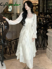 Cyflymder DRESS TO IMPRESS Elegant Solid Ruffles Fairy Dresses Korean Lace Patchwork Slim Waist A Line Dress Women