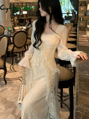 Cyflymder DRESS TO IMPRESS Elegant Solid Ruffles Fairy Dresses Korean Lace Patchwork Slim Waist A Line Dress Women