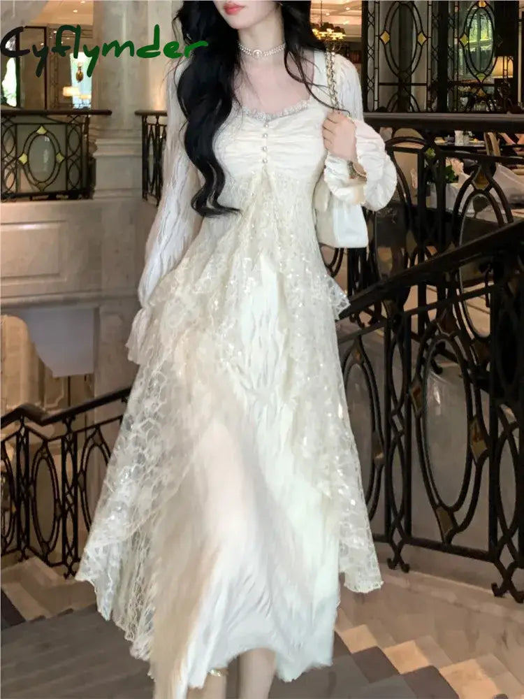 Cyflymder DRESS TO IMPRESS Elegant Solid Ruffles Fairy Dresses Korean Lace Patchwork Slim Waist A Line Dress Women