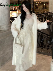 Cyflymder DRESS TO IMPRESS Elegant Solid Ruffles Fairy Dresses Korean Lace Patchwork Slim Waist A Line Dress Women