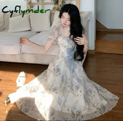 Cyflymder DRESS TO IMPRESS Elegant Vintage Floral Midi Dress Women Ruffles Design Casual Korean Fairy Dress Female