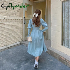 Cyflymder DRESS TO IMPRESS Elegant Woman Blue Dress Vintage French Style Puff Sleeve Half High Collar Patchwork Lace