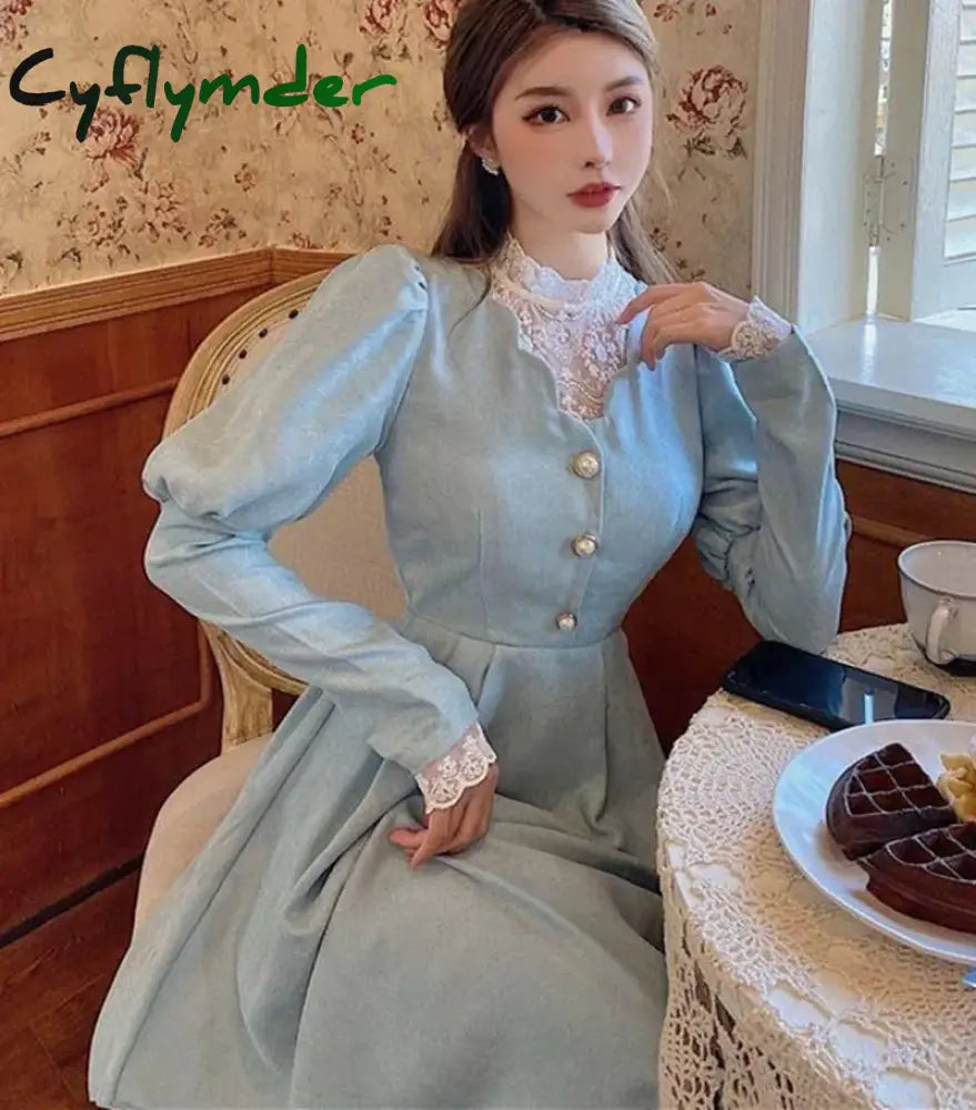 Cyflymder DRESS TO IMPRESS Elegant Woman Blue Dress Vintage French Style Puff Sleeve Half High Collar Patchwork Lace