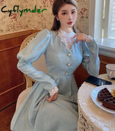 Cyflymder DRESS TO IMPRESS Elegant Woman Blue Dress Vintage French Style Puff Sleeve Half High Collar Patchwork Lace