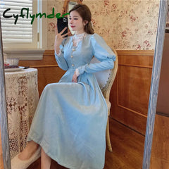 Cyflymder DRESS TO IMPRESS Elegant Woman Blue Dress Vintage French Style Puff Sleeve Half High Collar Patchwork Lace