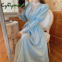 Cyflymder DRESS TO IMPRESS Elegant Woman Blue Dress Vintage French Style Puff Sleeve Half High Collar Patchwork Lace