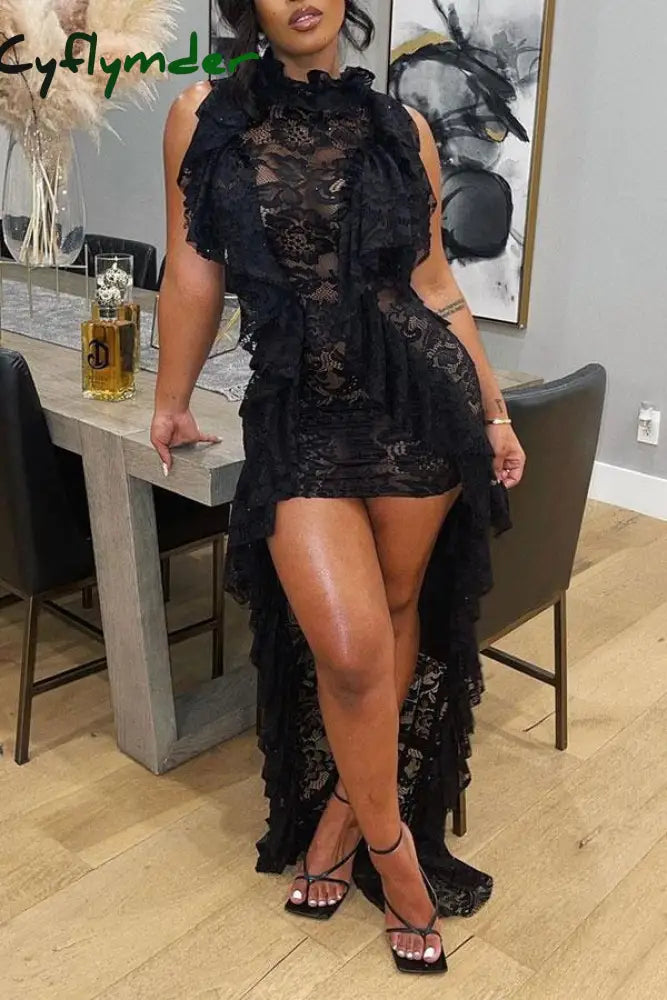 Cyflymder Floral Lace Elegant Irregular Mini Dress black / S