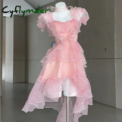 DRESS TO IMPRESS France Vintage Elegant Evening Party Mini Dress Women Sexy Backless Fluffy Trailing Dresses Beach Korean Cake Dress Summer