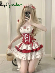 Cyflymder DRESS TO IMPRESS France Vintage Slim Square Neck Print 2 Piece Set Women Sweet Cute Lace Bow Patchwork Tops