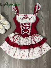 Cyflymder DRESS TO IMPRESS France Vintage Slim Square Neck Print 2 Piece Set Women Sweet Cute Lace Bow Patchwork Tops