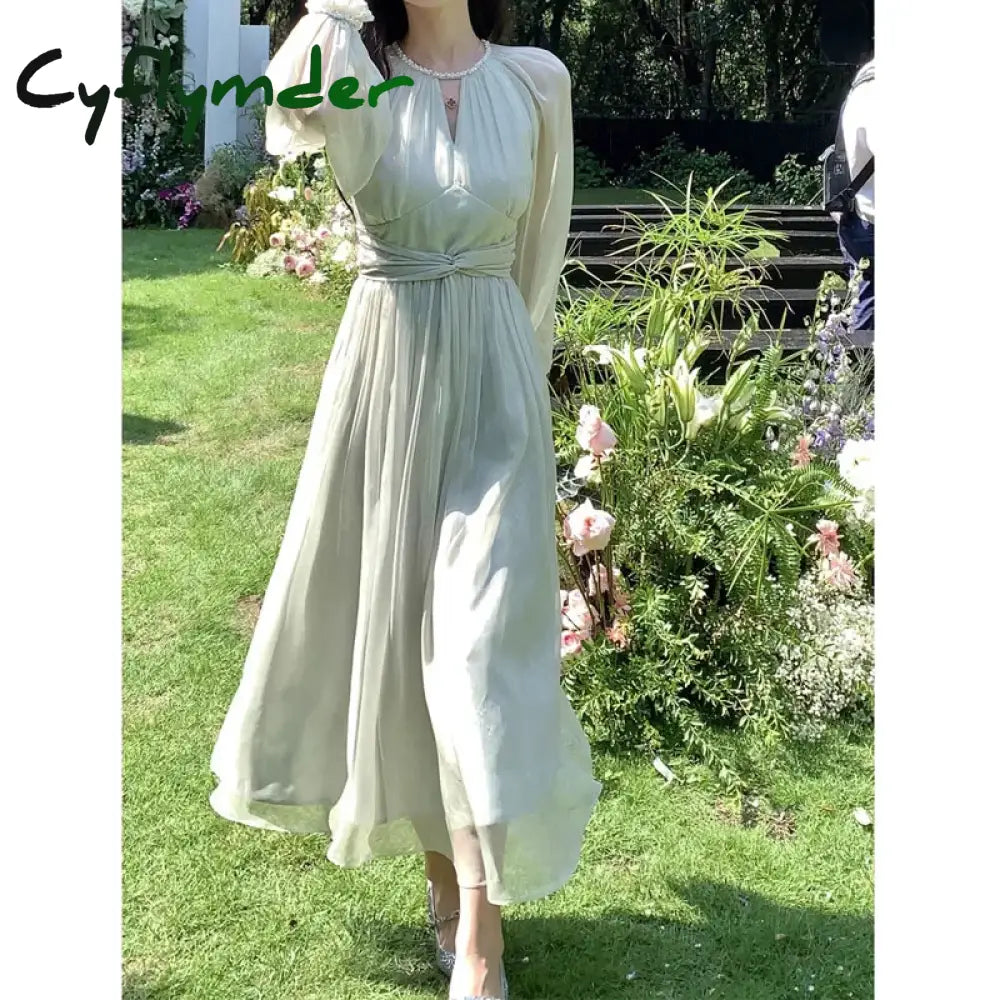 French Elegant Beading Dress Autumn Casual Chiffon Long Dress Office Lady Vintage Party Dinner Dress Women One Piece Dress