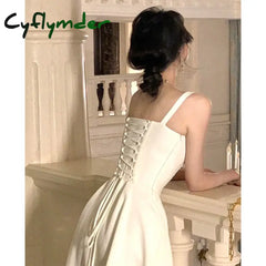 Cyflymder DRESS TO IMPRESS French Elegant White Strap Midi Dress Summer New Casual Evening Party Dress Women Beach