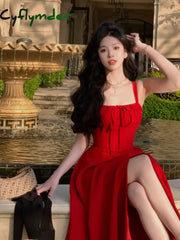 Cyflymder DRESS TO IMPRESS French Elegant White Strap Midi Dress Summer New Casual Evening Party Dress Women Beach