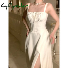 Cyflymder DRESS TO IMPRESS French Elegant White Strap Midi Dress Summer New Casual Evening Party Dress Women Beach