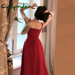Cyflymder DRESS TO IMPRESS French Elegant White Strap Midi Dress Summer New Casual Evening Party Dress Women Beach
