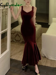 Cyflymder DRESS TO IMPRESS French Style Vintage Wine Red Camisole Long Dress Elegant Women Spring Autumn Solid Slim