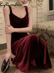 Cyflymder DRESS TO IMPRESS French Style Vintage Wine Red Camisole Long Dress Elegant Women Spring Autumn Solid Slim