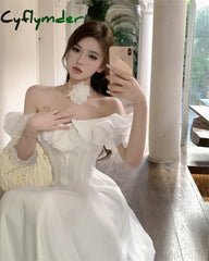 Cyflymder DRESS TO IMPRESS French Vintage White Strapless Midi Dresses for Women Summer New Elegant Party Sleeveless