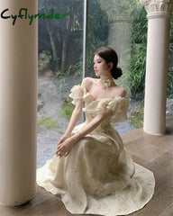 Cyflymder DRESS TO IMPRESS French Vintage White Strapless Midi Dresses for Women Summer New Elegant Party Sleeveless