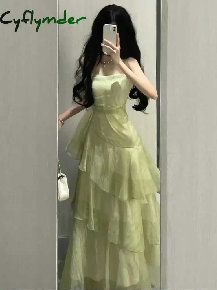 Green French Vintage Elegant Midi Dress Women Solid Fairy Y2k Design Harajuku Strap Dress Female Irregular Chic Clothes Summer