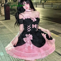 Cyflymder DRESS TO IMPRESS Japanese Gothic Lolita Dress Women Kawaii Bow Bear Lace Pink Black Off Shoulder Princess