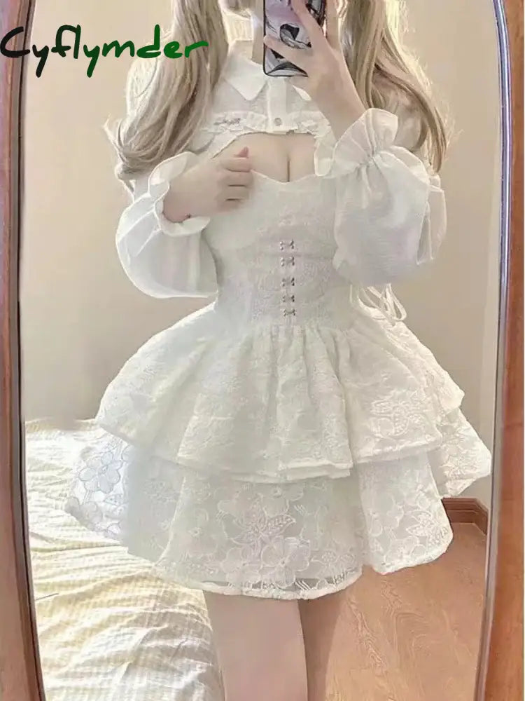 Cyflymder DRESS TO IMPRESS Japanese Kawaii Lolita Dress Women Elegant Sweet Lace Ruffles White Strap Dresses Sexy