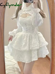 Cyflymder DRESS TO IMPRESS Japanese Kawaii Lolita Dress Women Elegant Sweet Lace Ruffles White Strap Dresses Sexy