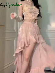 Cyflymder DRESS TO IMPRESS Japanese Lolita Kawaii 2 Piece Set Women Korean Sweet Cute Skirt Suit Female Pink Bow