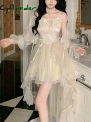 Cyflymder DRESS TO IMPRESS Japanese Lolita Kawaii 2 Piece Set Women Korean Sweet Lace Chiffon Dress Suit Female Gauze