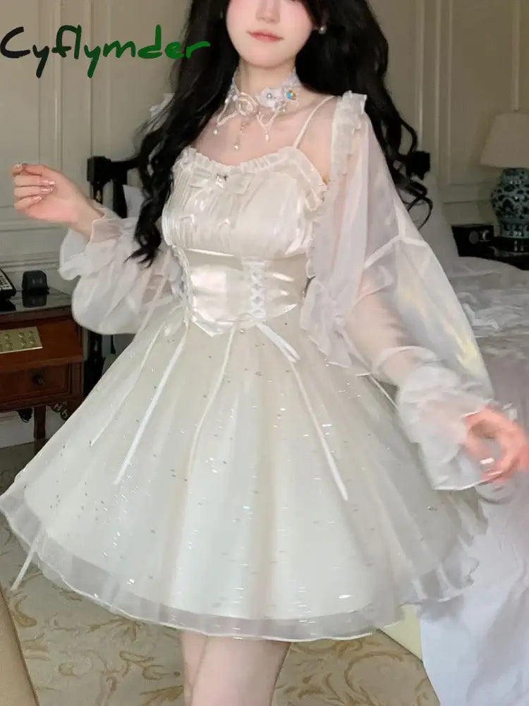 Cyflymder DRESS TO IMPRESS Japanese Lolita Kawaii 2 Piece Set Women Korean Sweet Lace Chiffon Dress Suit Female Gauze