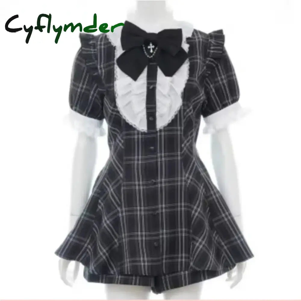 Cyflymder DRESS TO IMPRESS Japanese Style Gothic Y2k Lolita Plaid Rhinestone Bow Dress Shorts Set Sweet Women Puff