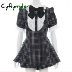 Cyflymder DRESS TO IMPRESS Japanese Style Gothic Y2k Lolita Plaid Rhinestone Bow Dress Shorts Set Sweet Women Puff