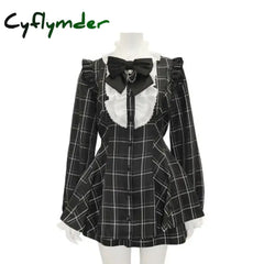 Cyflymder DRESS TO IMPRESS Japanese Style Gothic Y2k Lolita Plaid Rhinestone Bow Dress Shorts Set Sweet Women Puff